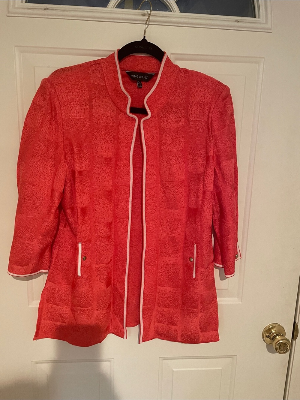 Ming Wang Coral Pink Textured Open-Front Jacket with White Trim